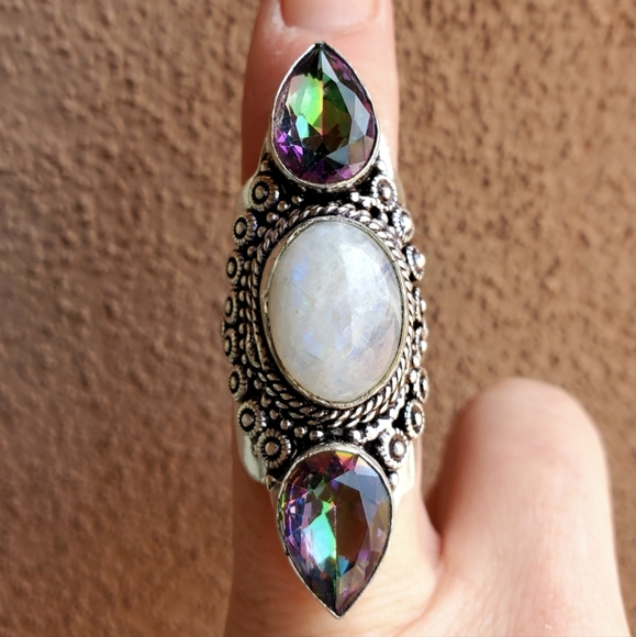 New Rainbow Moonstone & Mystic Topaz Silver Statement Ring. - Picture 10 of 11